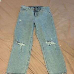 Jean Express Girlfriend Taille 0 Déchiré Avec Fente Au Genou, Bleu Denim Moyen
